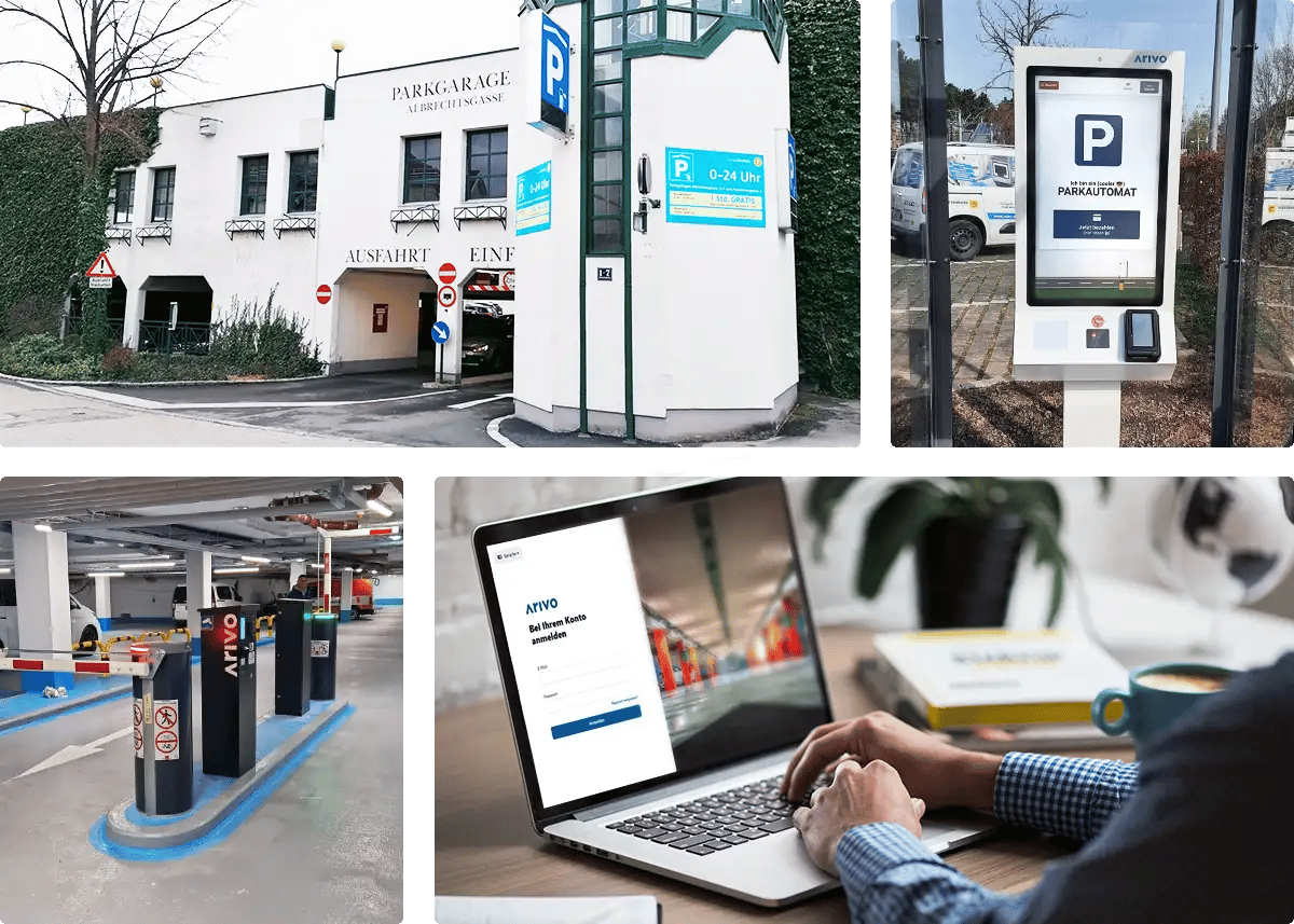 A collage of Arivo solutions for cities including license plate recognition, hardware and software
