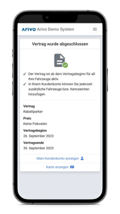 Benachrichtigung zum abgeschlossenen Parkvertrag über das Arivo Kundenportal für kostenpflichtige Parkgaragen