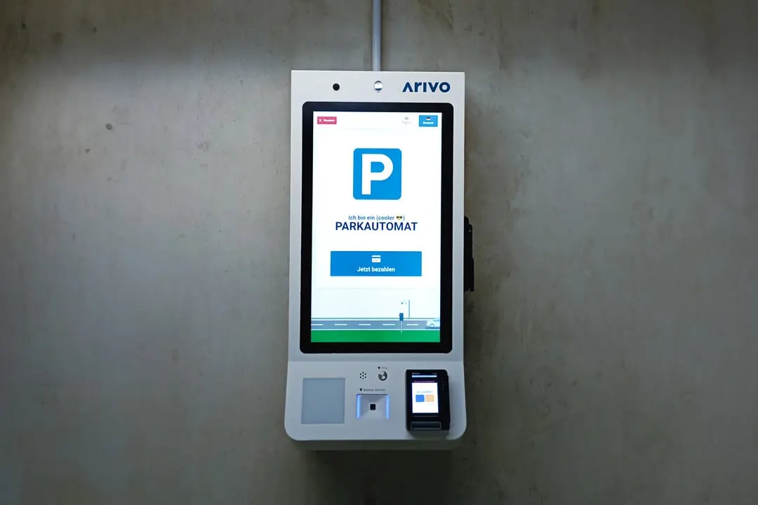 Arivo cashless payment terminal at the undground car par of the congress centre in Schladming (Austria)