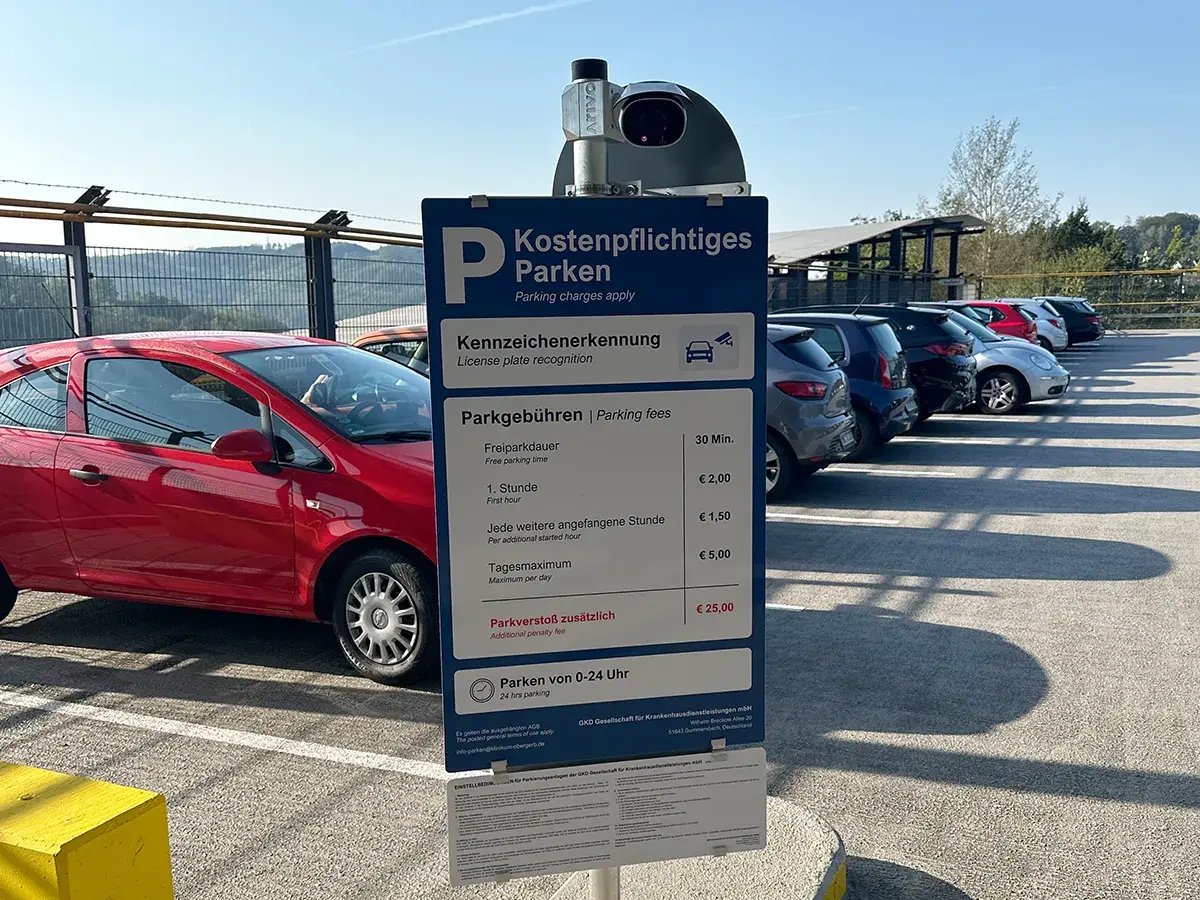  License plate recognition camera at the parking lot entrance of the hospital in Gummersbach (Germany).