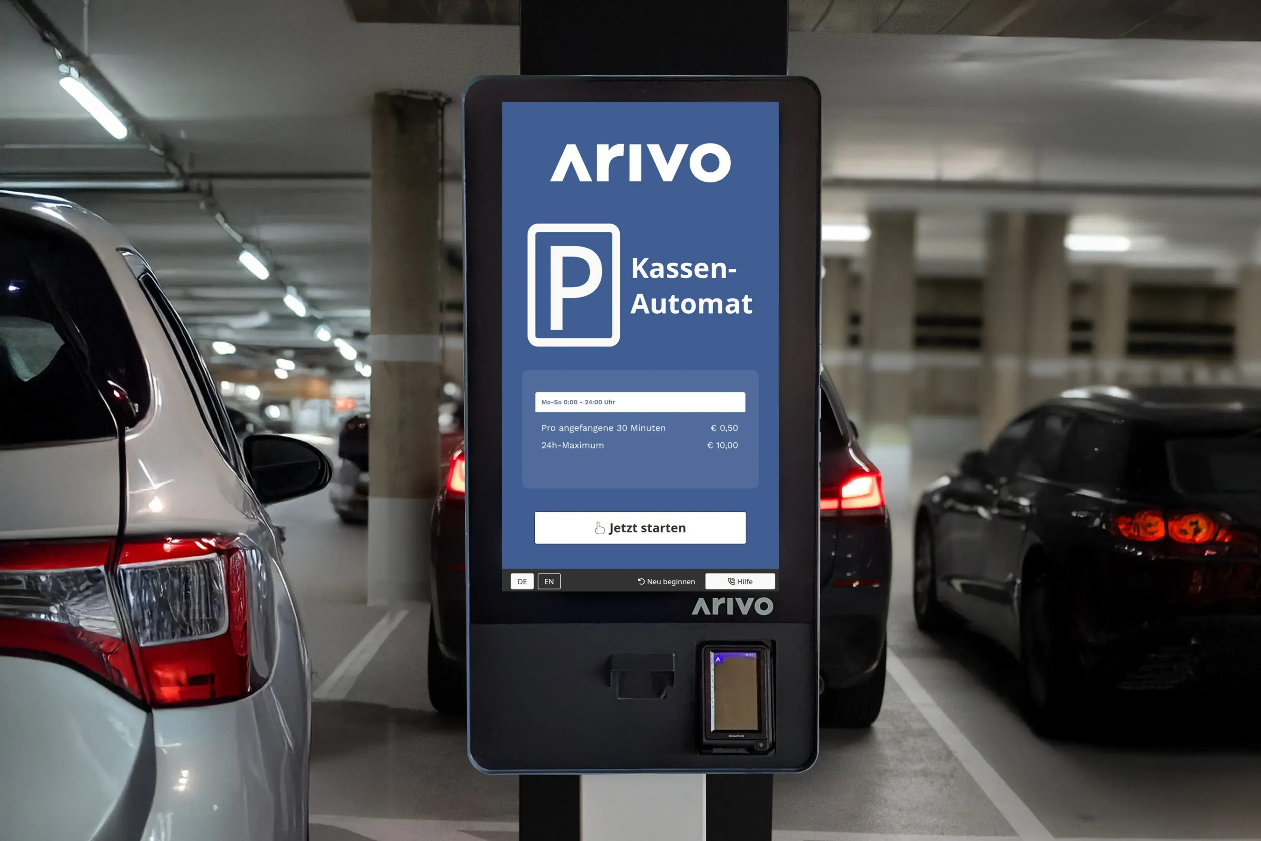 Arivo Cashless in Garage mit Welcome Screen