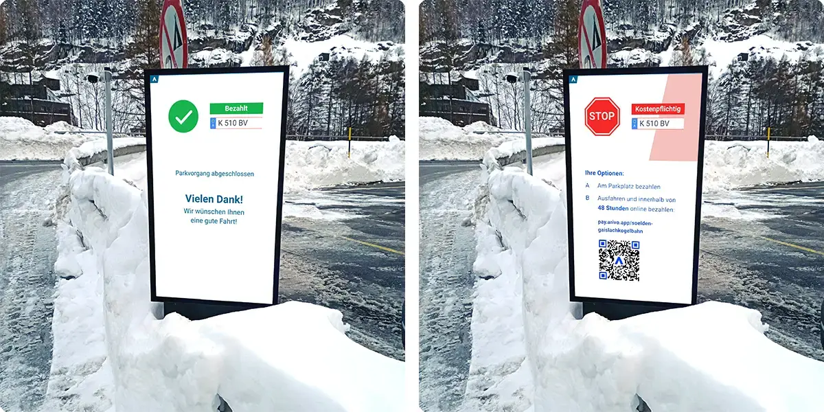 Dynamische Info-Displays an der Ausfahrt einer kostenpflichtigen Freeflow-Parkfläche