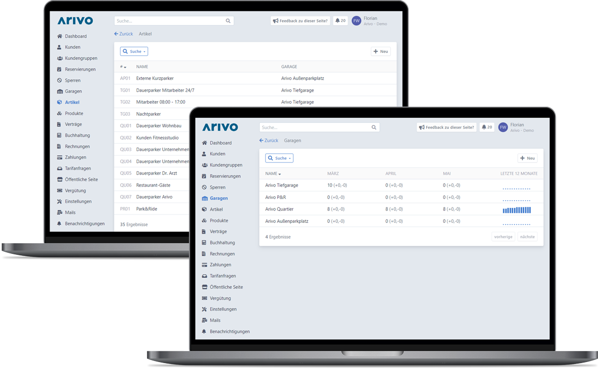 Interface der Arivo Software-Anwendung für das Vertragskundenmanagement in der Parkraumbewirtschaftung