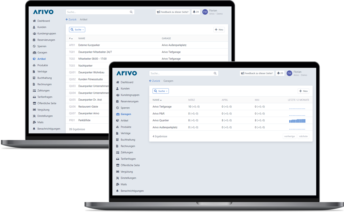 Interface of the Arivo software application for contract customer management in parking space management