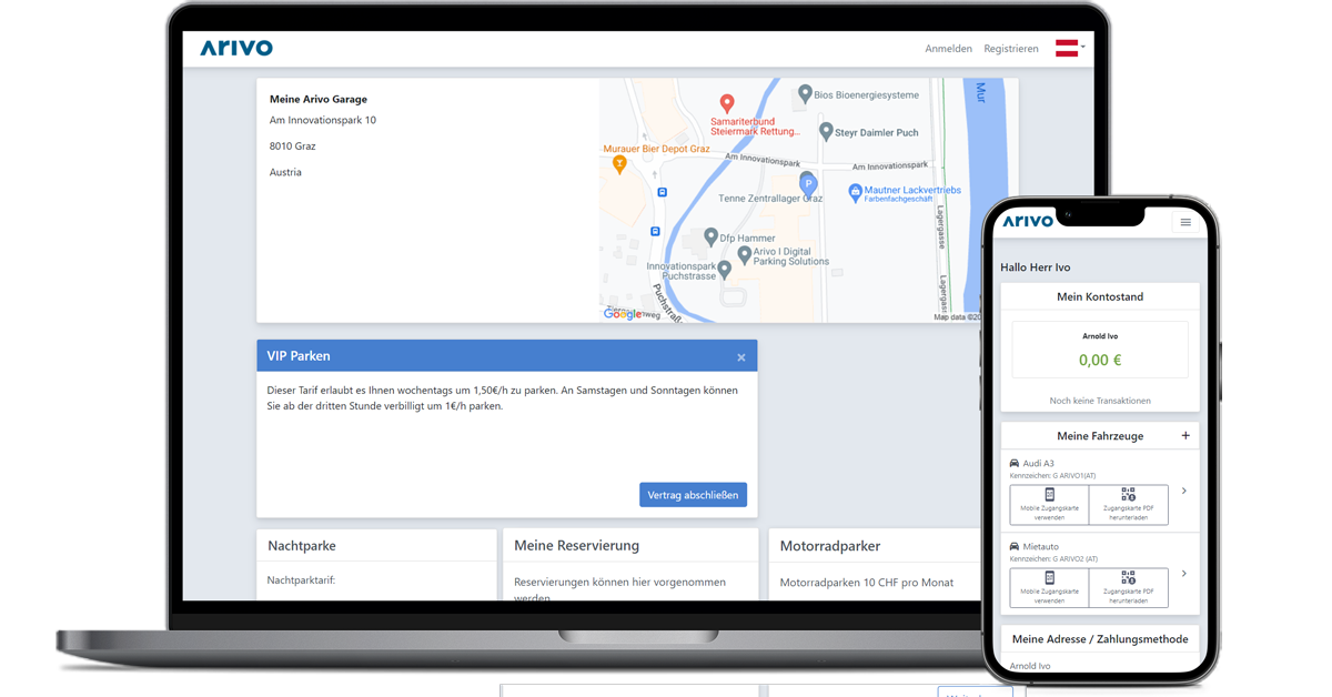 Arivo online portal for parking customers to conclude parking contracts and manage their own accounts.