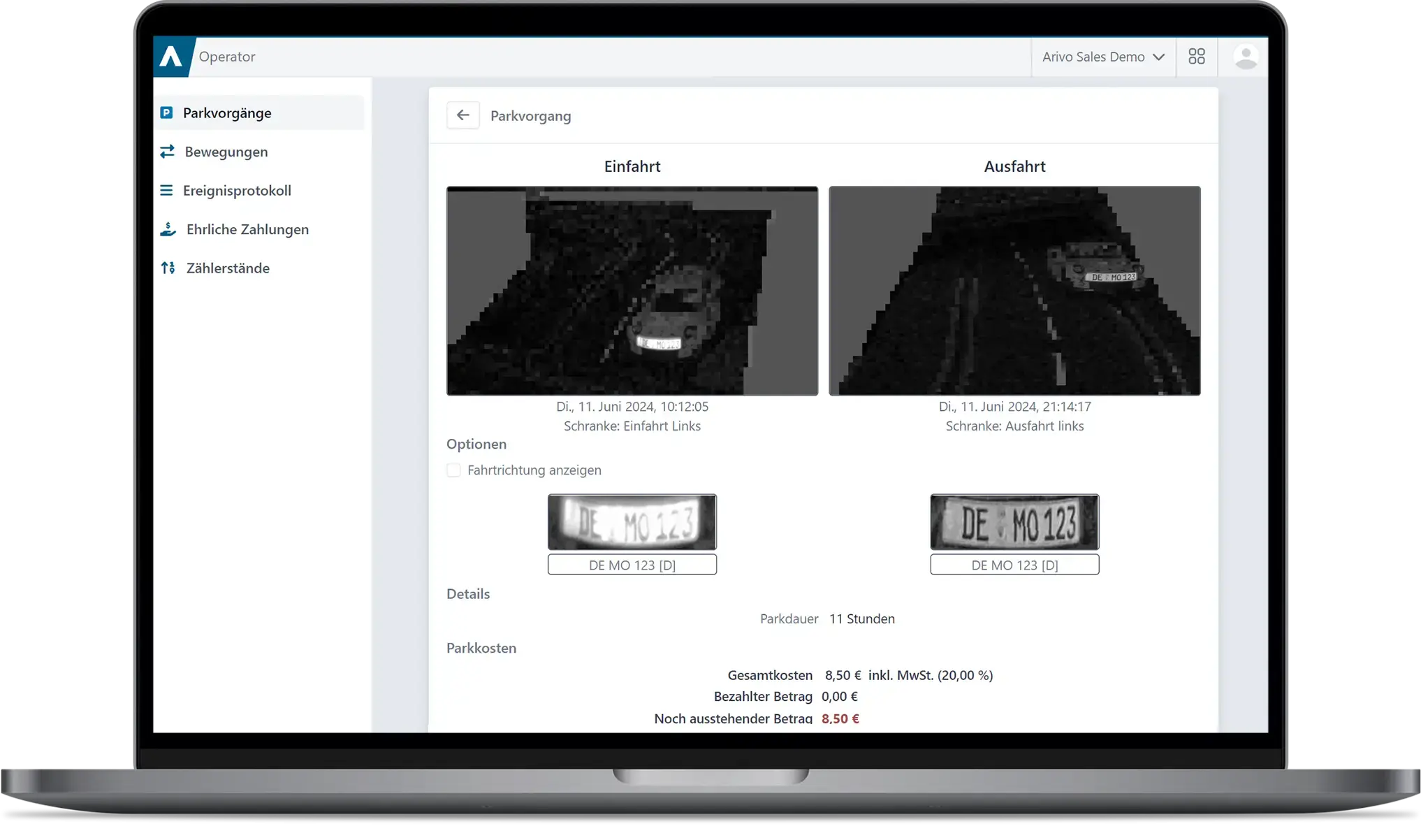 Ansicht eines unbezahlten Parkvorgangs in der Arivo Parking Software